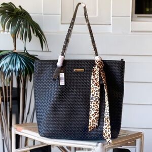 London Fog Annie Tote Woven Tote Bag with Leopard Scarf